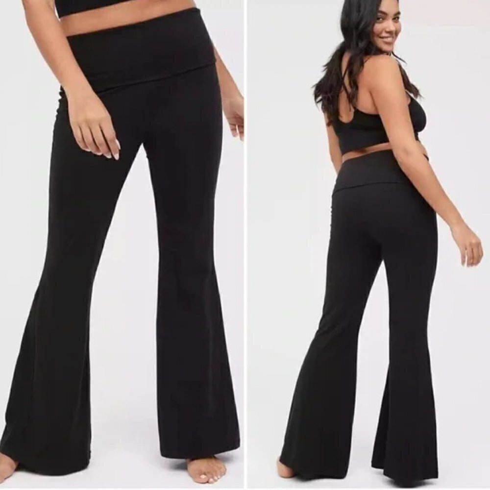 Aerie Black Foldover Super Flare Leggings Small
